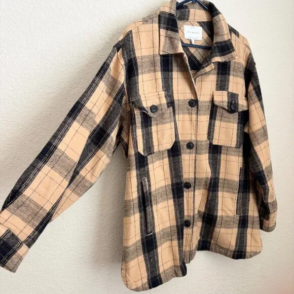 Lucky Brand Women’s Plaid Shacket Jacket Size Large Tan Black Button Up - Picture 4 of 8